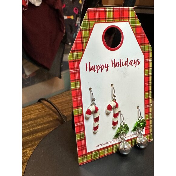 Holiday Hypo Allergenic Candy Cane Bell Earrings Set With Festive Plaid Backing - Picture 5 of 8